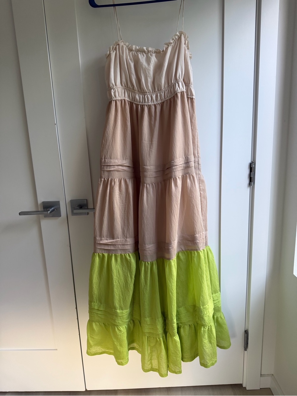 Anthropologie Beige, Cream and Green Smocked Tiered Maxi Dress